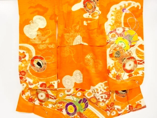 41879# Japanese Kimono / Antique Kimono For Girls / Embroidery / Rough Waves Wit