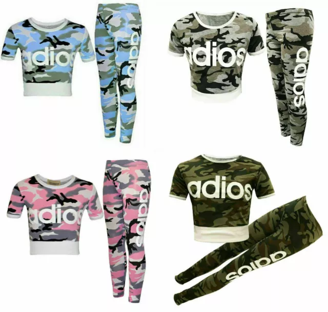 Girls Kids Adios Camouflage Tracksuit Children's Crop Top Leggings Set Age 5-13