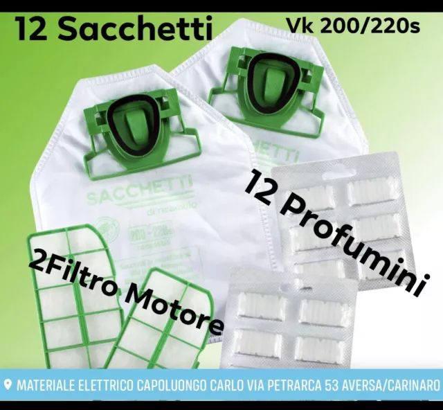 Sacchetti Folletto Vk 200 Vk 220S Fp 12 Sacchi + 12 Profumi + 2 Filtro Motore