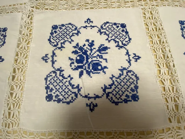 Beautiful Hand Embroidered Cross Stitch Lace Tablecloth 55"x48", blue on white