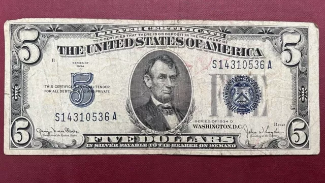 1934 D Five Dollar Silver Certificate $5 Bill Blue Seal Note Circulated #59028