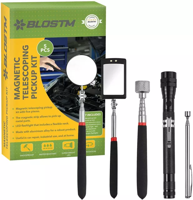 BLOSTM 5pc Telescopic Magnetic Pickup Set Telescoping Inspection Mirror Torch