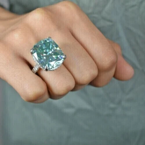 27 Ct Cushion Cut Treated Blue Diamond Ring with Accents 925 Silver Certified