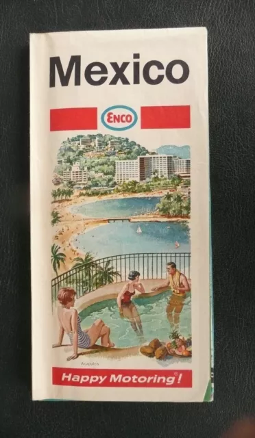 1969 Mexico  road  map Enco gas oil Acapulco cover Monterrey Guadalahara City
