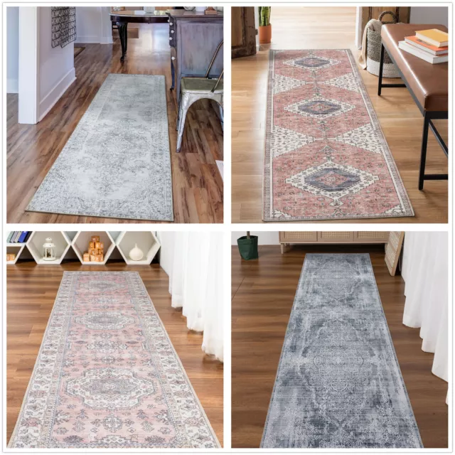 Grey Hall Runner/ Brown Boho Rug/ Anti Slip Carpet / Soft Pink Rugs 80x300cm