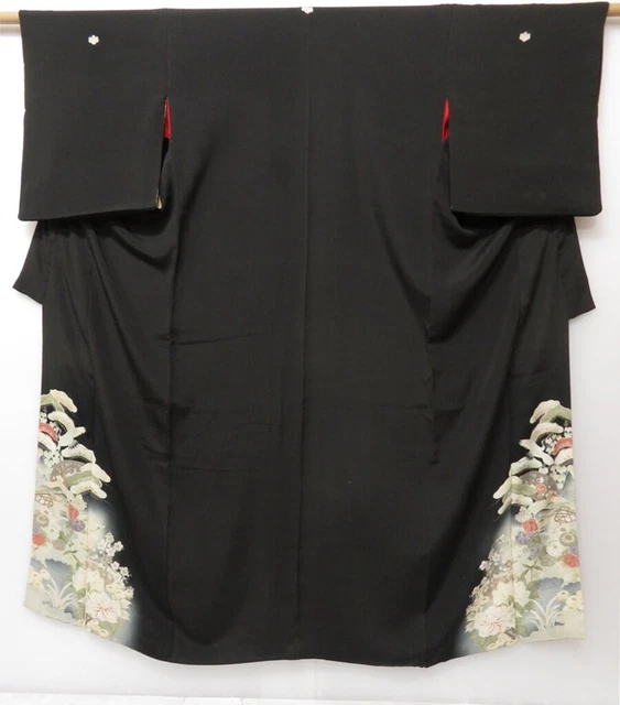 0907T04z530 Vintage Japanese Kimono Silk TOMESODE Black Flowers