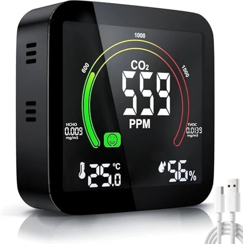 Détecteur CO2 Connecté 5 En 1 – Moniteur Qualité Air + Alarme – CO2, HCHO, TVOC, Température, Humidité – Écran 9" LED