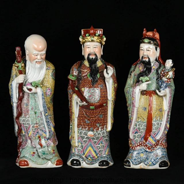 17.6" Old China Pastel Porcelain Dynasty 3 Longevity God Fu Lu Shou Life Statue