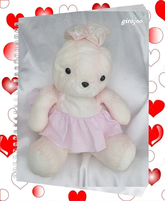 Doudou Peluche Lapin Assis Rose Blanc Robe Pois Style Puffalump Toile Parachute