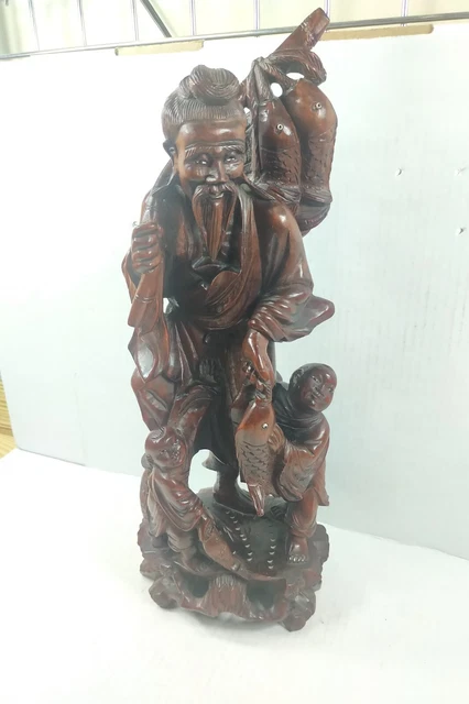 Antique Hand-carved wooden rosewood Shou Lao Fisherman statue 1950s Asian Art