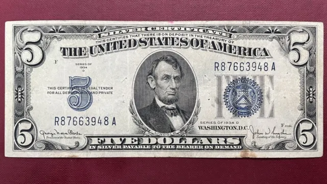 1934 D Five Dollar Silver Certificate $5 Bill Blue Seal Note Circulated #59022