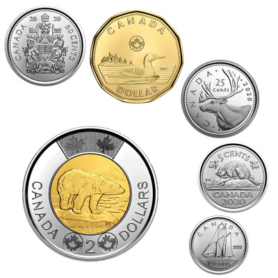 🇨🇦 Canada 2020 Coins Set, Six New Coins: Toonie, Loonie, 50c 25c 10c 5c, 2020