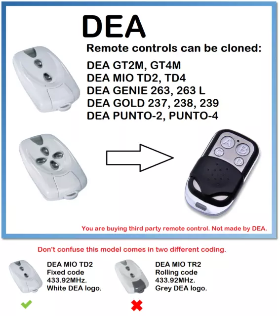 Dea Mio TD2, Mio TD4 Mando a Distancia Universal Duplicador 4-Channel 433.92MHz