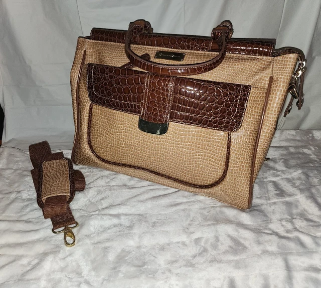 Samantha Brown TAN & BROWN Lg Dowel Bag CROCO EMBOSSED Super Rare 16" x 12" x 8" 2