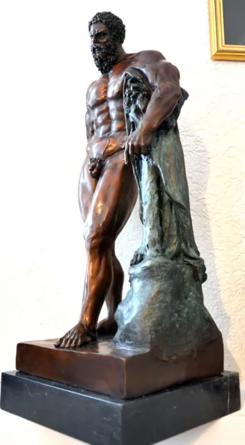 Bronzeskulptur - Hercules mit nemeischen Löwen signiert auf Marmorsockel