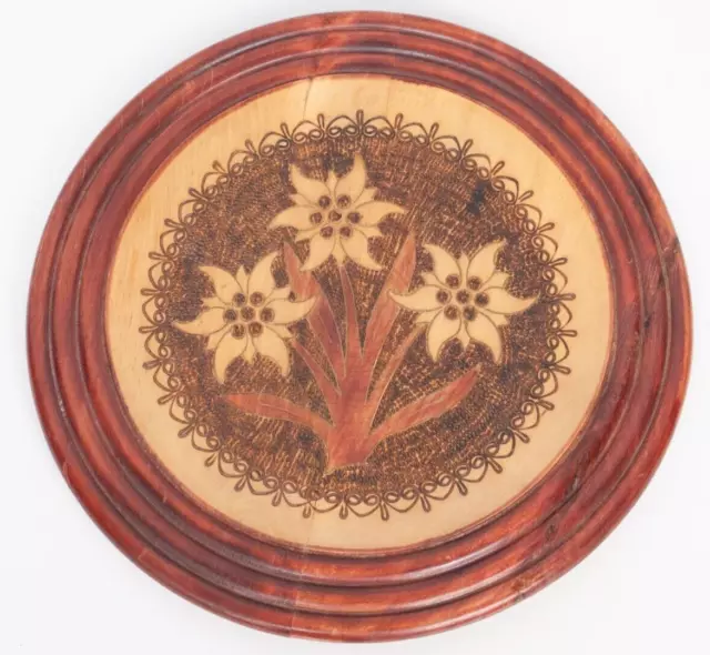 Vintage Wooden Plate Floral Hand Carved Austrian Folk Art Alpine Boho 1970s