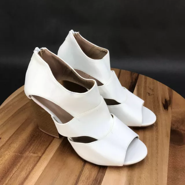 Yoki Katty White Faux Leather Cutout Zip Up Block Heel Sandals Womens Size 8