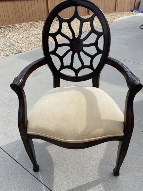 Ethan Allen Spider Web Back Carved Wood Walnut Chair Accent Arm chair