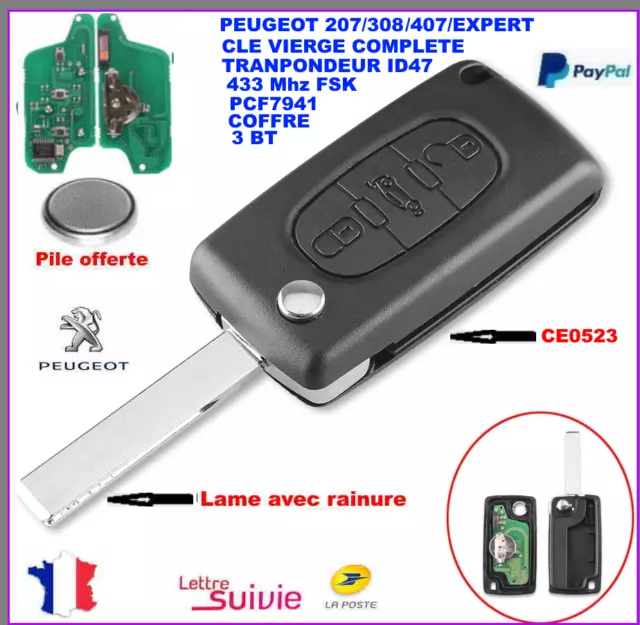 Cle Vierge Ce0523 Circuit Id46 Pour Peugeot 207 308 308 Sw 3 Boutons Fsk 433Mhz