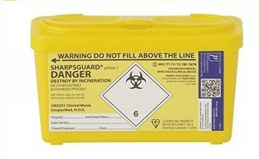 1 Litre - Sharps Bin Sharpsguard Needle Box, Medical Waste Tub Container - 1L