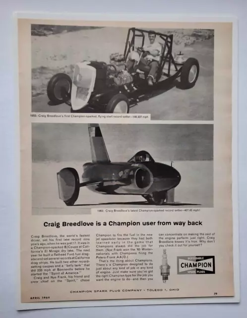 1964 Craig Breedlove "Spirit of America" Racer pic Champion Spark Plugs print ad