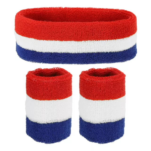 1 Headband & 2 Sport Wristbands Cotton Athletic Sweatband Red, White, Blue