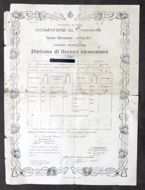 Comune di Canneto - Scuola Elementare Mista - Diploma di licenza elementare 1922