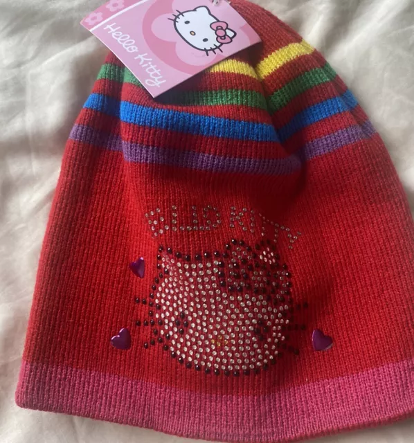 Brand New Kids Girls Official Hello Kitty Diamanté Knitted Beanie Hat Bnwt