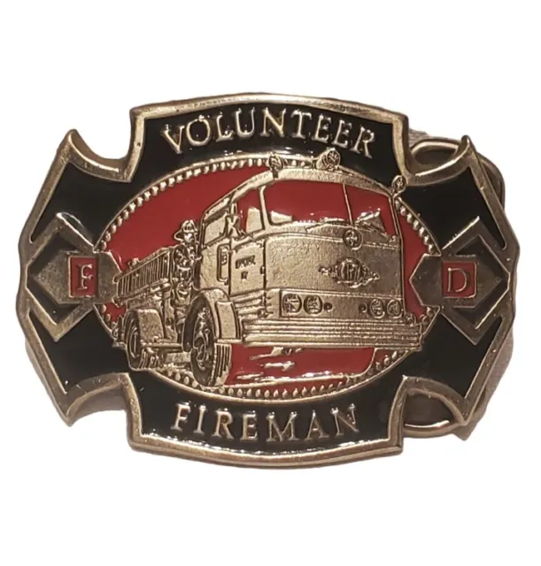 VINTAGE Volunteer Fireman Fire Engine Department Belt Buckle 3 1/4" x 2 3/8"