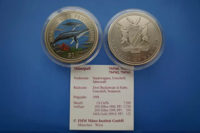 Namibia 1 Dollar Farbmünzen 1998 Marine Life Protection - Buckelwale (ER06)