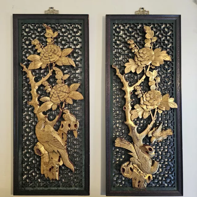 Vintage Large Hong Kong Gilted Antiqued Wood Carved Chinese Art Panel Pair