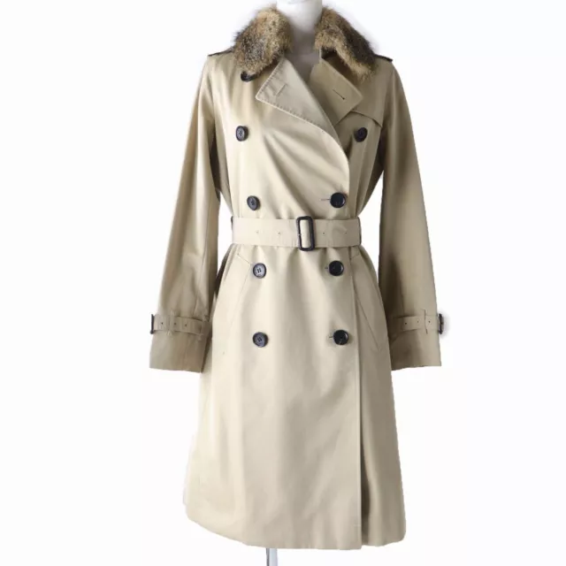 Burberry London Fox Fur Collar Belt Wool Liner Trench Coat Beige 36 Women's