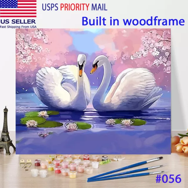 Wooden Framed  DIY Oil Painting Paint by Number Kit for Adults kid white swans