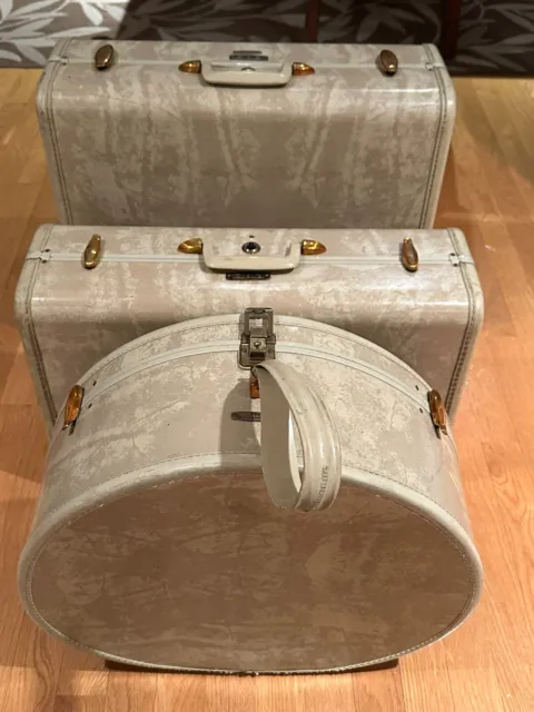 Vintage 1950's Samsonite Marble Cream 3 Piece Luggage Set