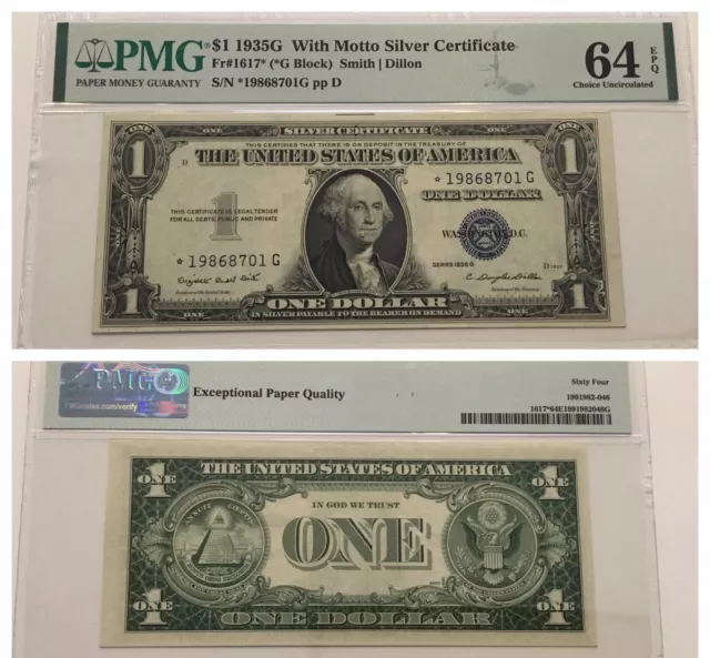 VINTAGE rare 1935-G STAR WITH MOTTO PMG 64 EPQ SILVER CERTIFICATE NOTE $1 ONE
