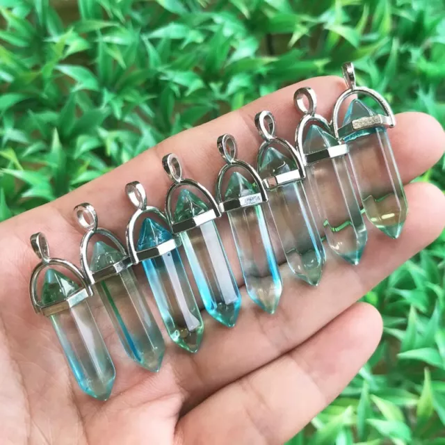 10pcs Colorful Crystal Stone Hexagon Point Pendant Chakra Reiki Healing Amulet
