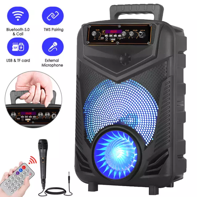 8" Portable Bluetooth Speaker Wireless Karaoke Mic Bass Loudspeaker Subwoofer FM