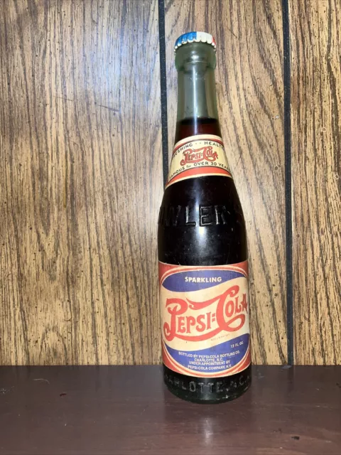 FULL 12 OZ. 1940’s Paper Label Pepsi Cola Soda Bottle, Charlotte N.C ...