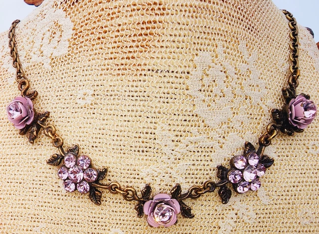 Michal Negrin Bib Necklace Purple Lilac Swarovski Crystals Handmade Floral Roses