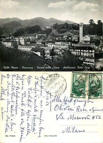 Cartolina di Valle Mosso, panorama e stabilimenti - Biella, 1953