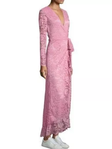 Ganni Wrap Dress Pink Flynn Lace Ruffle Long Sleeve Tie Waist Maxi NWT 36 US 4