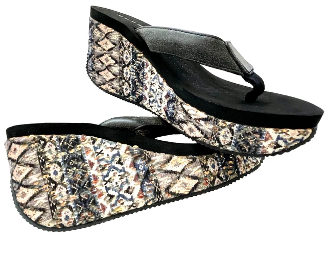 ROPER Women's Size 8 Black Tapestry Thong Wedge Platform Slip-On Casual Sandals