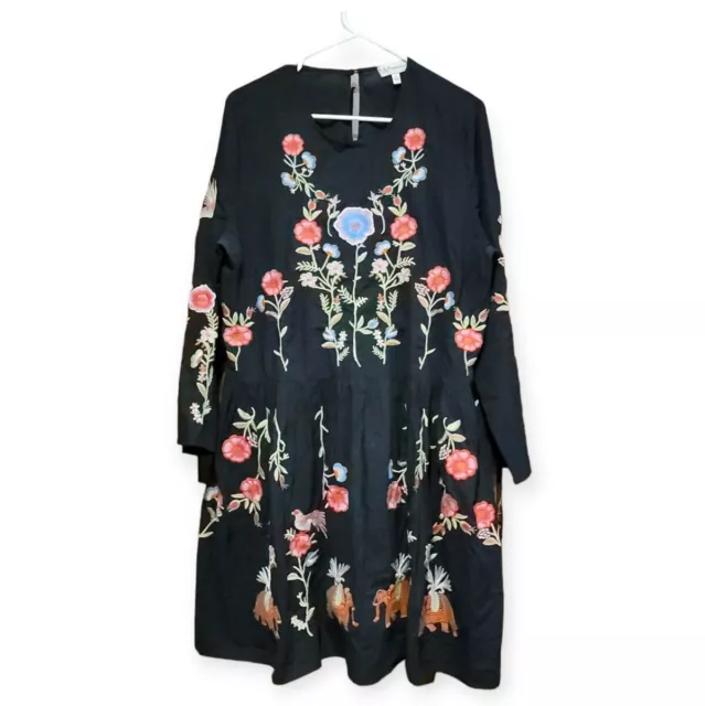 Neiman Marcus Dress Womens Large L Embroidered Floral Elephants Black