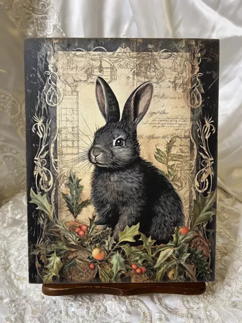 DARK WINTER  Christmas Black Rabbit Gothic Folk Art,  Handcrafted Plaque  Sign