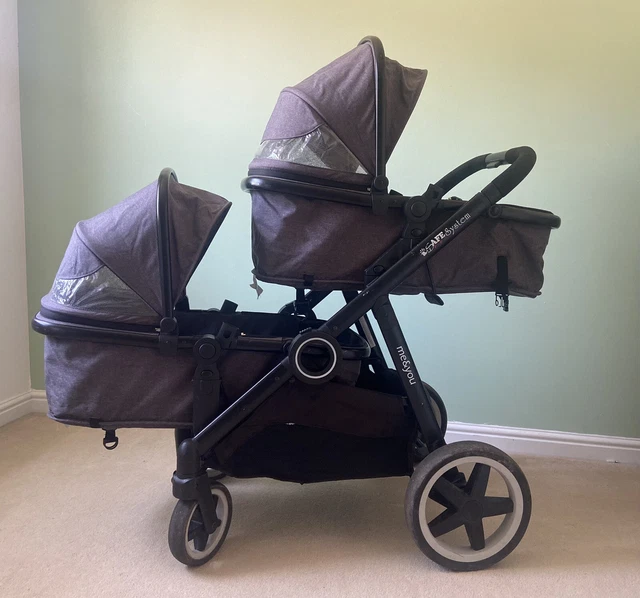 iSafe Tandem Double Pram Travel System - Pebble. COMPLETE SET. With Car Seats.