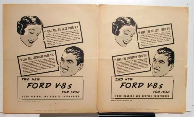 1938 Ford V8 DeLuxe Standard Two New Fords Ad Proofs Original