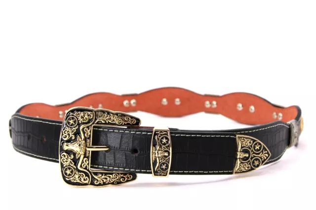 West Belt Black Silver With Horse Gold Concho Crocodile Pattern Pants Size 34 3