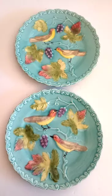 Antique Majolica Pottery 6.5" Plates Zell Germany Birds And Grapes Set Of 2