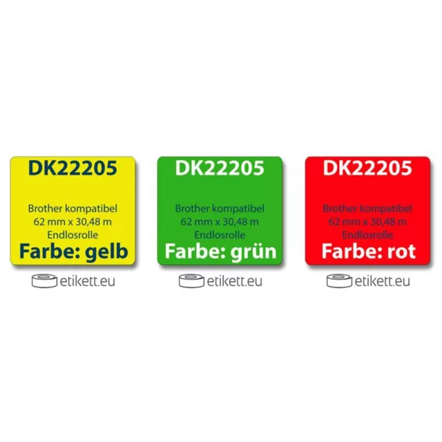 Label komp.zu Brother DK22205 62mmx30,48 endlos rot grün gelb +1x Wechselhalter