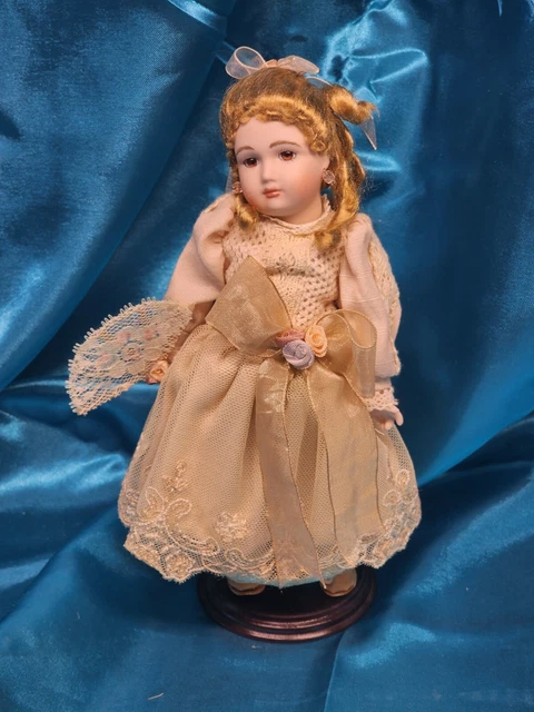 8" antique Reproduction Delton French bisque head Jumeau Doll with hand fan